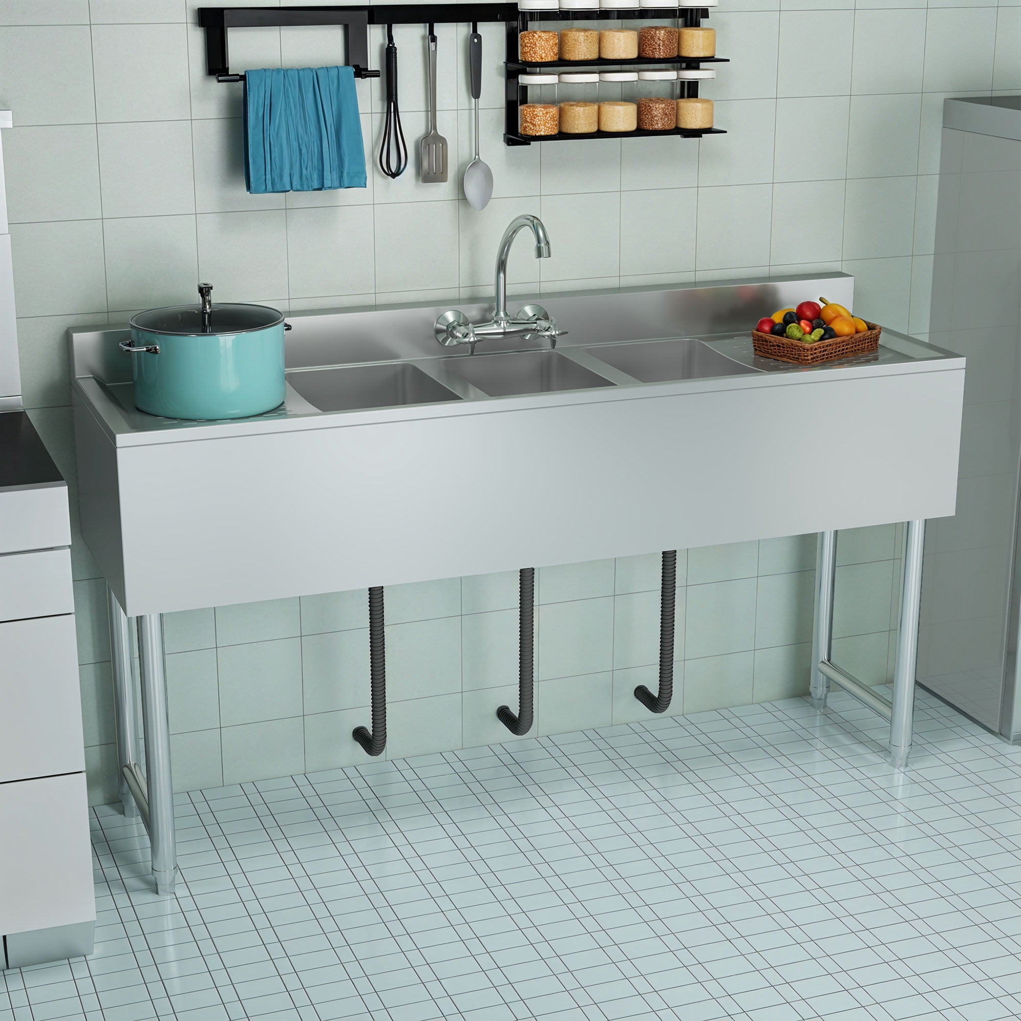 Dextrus Kitchen Sink 3 Compartment Stainless Steel Sink with Double&nbsp;Drainboard&nbsp;Commercial Freestanding Sink for Restaurant, Garage, Utility Sink 60" W x 16" D x 32" H