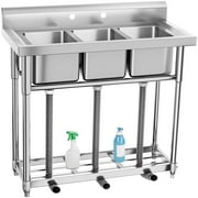 Dextrus Kitchen Sink Stainless Steel 3 Compartment Bowl with Shelf Underneath Freestanding Commercial Sink , for Restaurant, Laundry, Garage, Workshop Sink with Legs, Outdoor (39"x 18"x 37")
