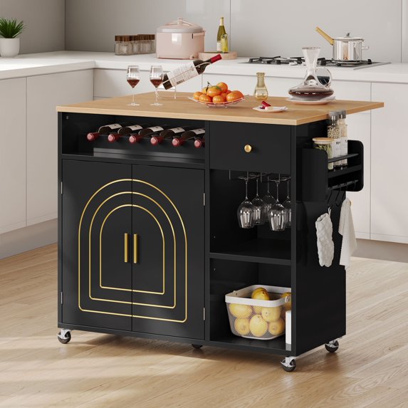 Dextrus Kitchen Storage Cart with Drawer & Wine Rack, 39.4"L Rolling Kitchen Island on Wheels, Black
