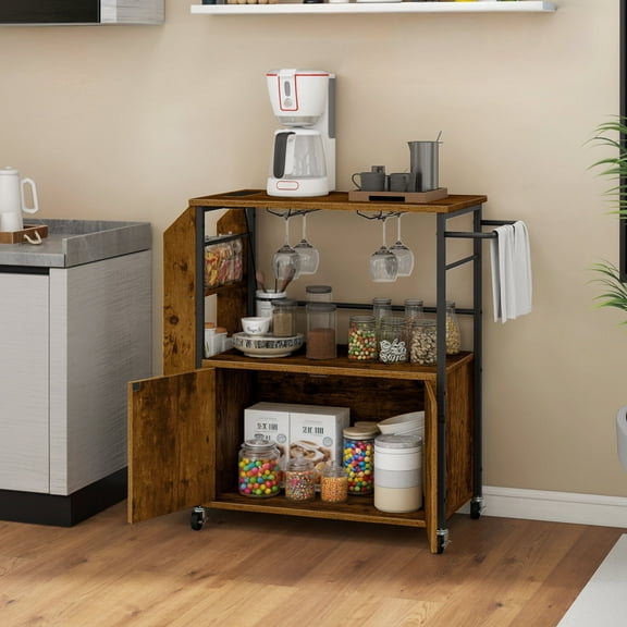Dextrus Kitchen Storage Cart with Power Outlets & Storage Shelves, Kitchen Trolley with Doors, Brown