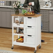 Dextrus Kitchen Storage Cart with Shelves and Drawers, Rolling Kitchen Island with Wheels, White