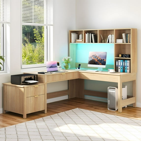 Dextrus L Shape Desk with LED Light & Hutch, Home Office Computer Desk Executive Desk with Drawers