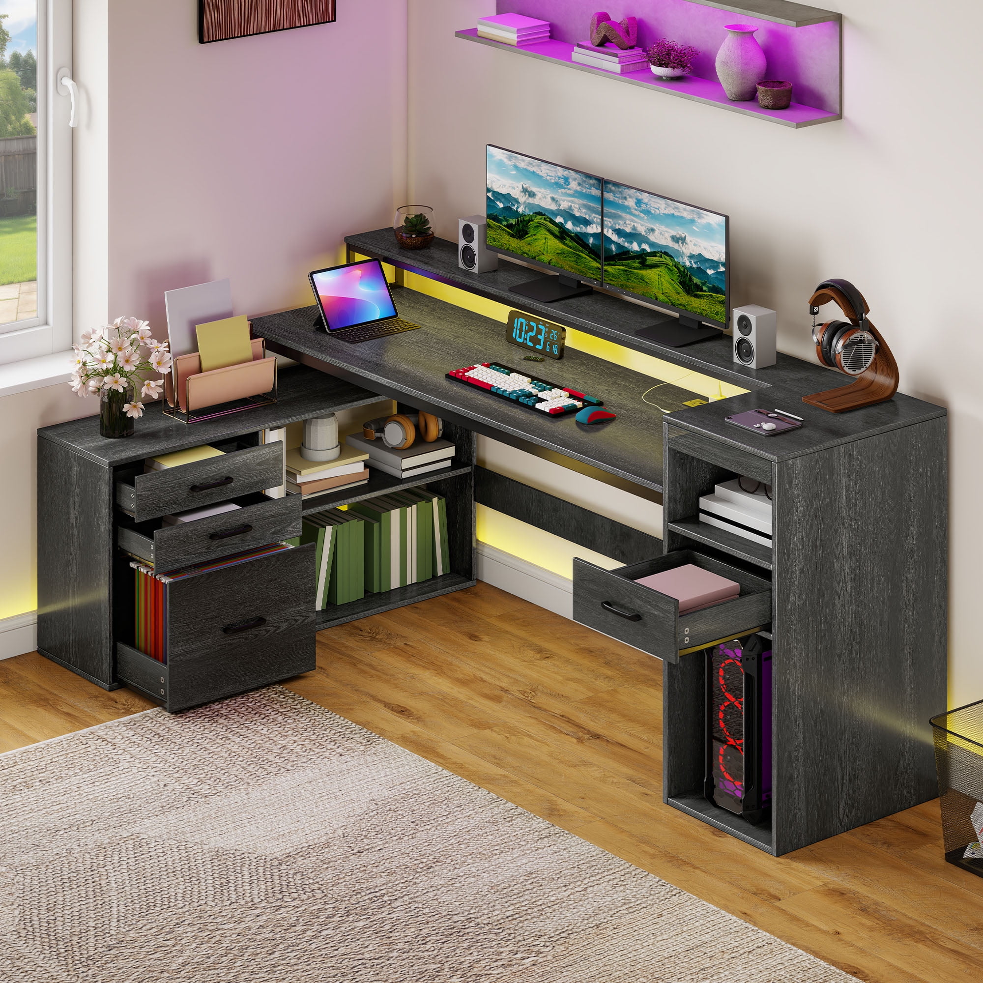 Dextrus L Shaped Computer Desk, 59" Gaming Table with Power Outlet & LED Light & Monitor Stand for Home Office,Gray