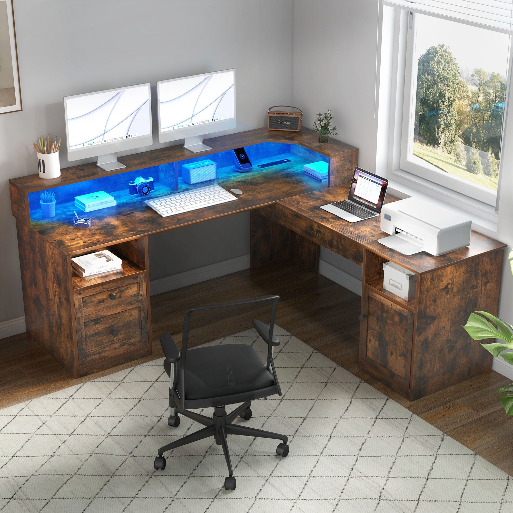 Rustic Brown Wood L-Shaped Computer Desk with LED Lights and Storage