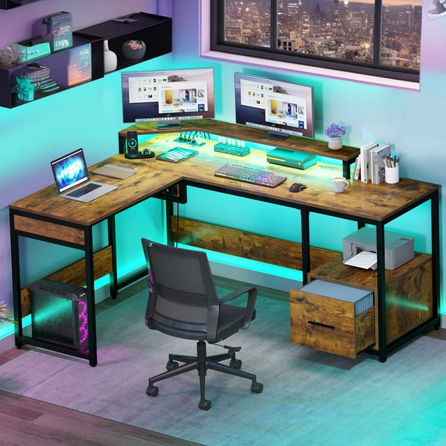 Dextrus L Shaped Desk with File Drawer & Lift Top, Computer Desk with