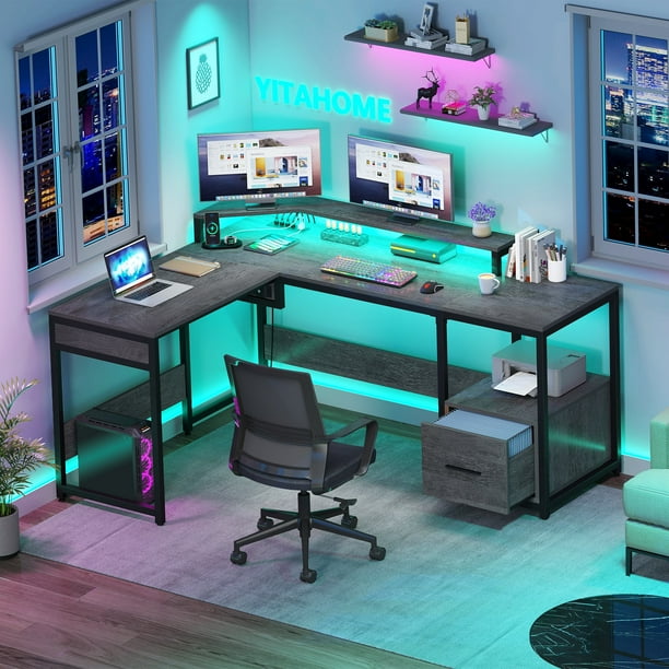 Dextrus L Shaped Desk with File Drawer & Lift Top, L Shaped Computer