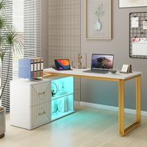 Dextrus L Shaped Desk with LED Light & Power Outlets, 55 Inch Reversible Corner Desk with Drawers & Storage Shelves, Computer Desk Office Desk Writing Desk for Home Office, White