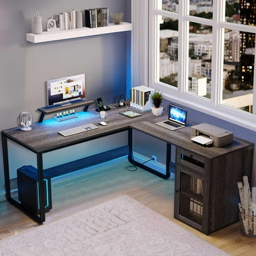 Dextrus L Shaped Desk with Power Outlets & Drawer, Reversible Computer Desk with File Cabinet, Office Desk Corner Desk Gaming Desk with LED Lights & Monitor Stand, Gray