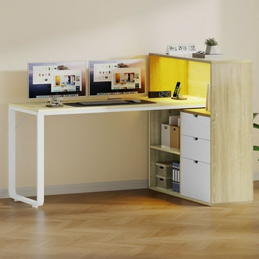 Dextrus L Shaped Desk with Power Outlets & LED Lights, Computer Desk with 3 Drawers and 3 Storage Shelves, White Office Desk Corner Desk for Home Office, White& Oak