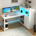 thumbnail image 1 of Dextrus L Shaped Desk with Power Outlets & LED Lights, Computer Desk with 3 Drawers and 3 Storage Shelves, White Office Desk Corner Desk for Home Office, 1 of 13