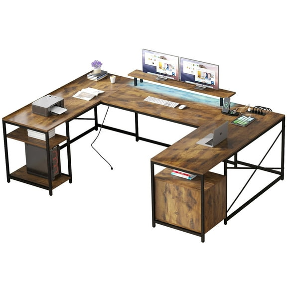 Dextrus L Shaped Desk with Power Outlets & LED Lights, Reversible Computer Desk with Storage Shelves, U Shaped Gaming Desk with Monitor Stand , Rustic Brown
