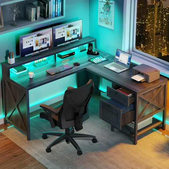 Dextrus L Shaped Desk with File Drawer , L Shaped Computer Desk with Power Outlets & LED Lights, Corner Desk Game Desk with Monitor Stand & Storage Shelves, Gray