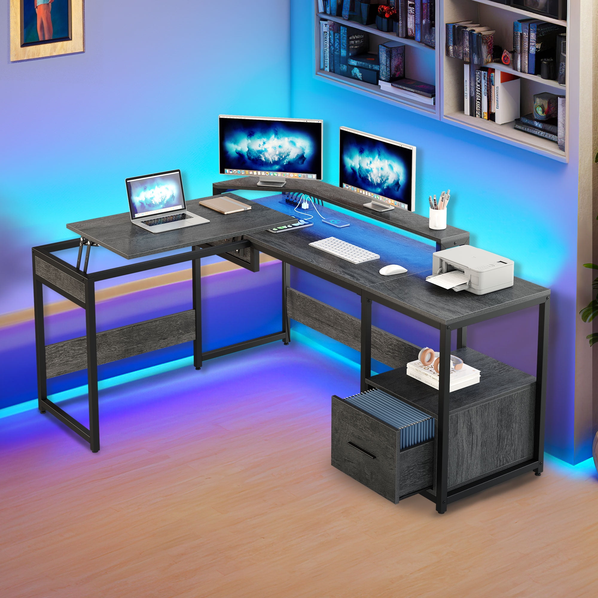 Dextrus L Shaped Desk with File Drawer Lift Top, Computer Desk with Power Outlets LED Lights, Height Adjustable Corner Desk Game Desk, Gray