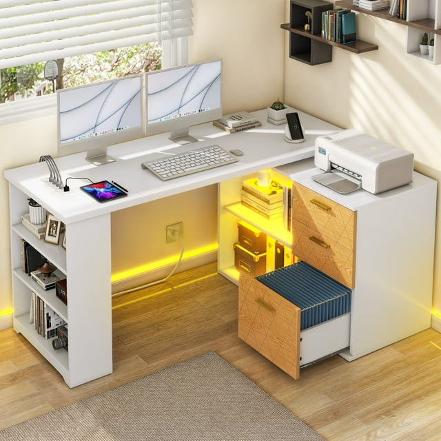 Dextrus L Shaped Desk with LED Light & Power Outlets, 59 inch Reversible Computer Desk, White