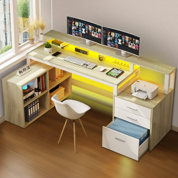 Dextrus L Shaped Desk with LED Light & Power Outlets, Corner Computer Desk with Drawers & Open Storage Shelves, Oak