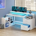 thumbnail image 1 of Dextrus L Shaped Desk with LED Light & Power Outlets, Corner Computer Desk with Drawers & Open Storage Shelves, White, 1 of 10