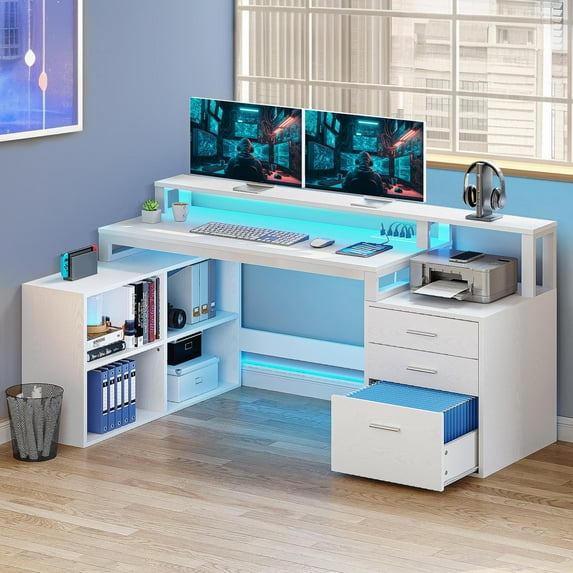 Dextrus L Shaped Desk with LED Light & Power Outlets, Corner Computer Desk with Drawers & Open Storage Shelves, White