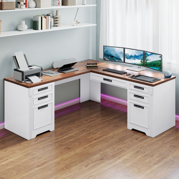 Dextrus L-Shaped Desk with Power Outlets, Computer Desk with Drawers, Executive Desk , White & Walnut Color