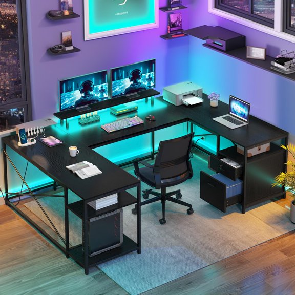 Dextrus L Shaped Desk with Power Outlets & LED Lights, Reversible Computer Desk with Drawers & Storage Shelves, Large U Shaped Desk, Black