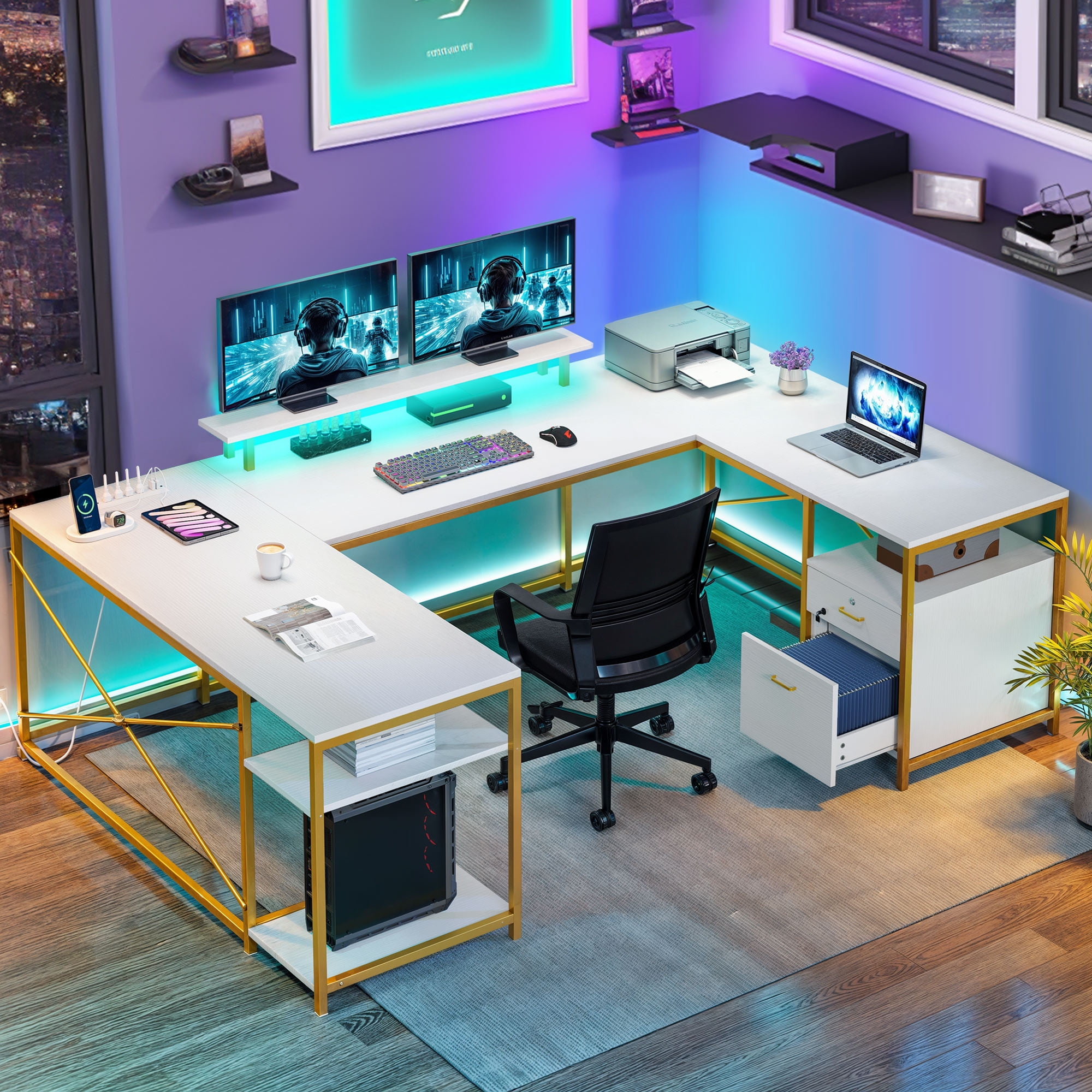 Dextrus L Shaped Desk with Power Outlets & LED Lights, Reversible Computer Desk with Drawers & Storage Shelves, Large U Shaped Desk,White