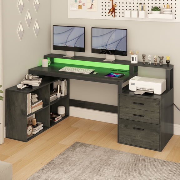 Dextrus L-Shaped Desk with USB Ports & LED Light, Modern Computer Desk with Monitor Stand & 3 Drawers, White
