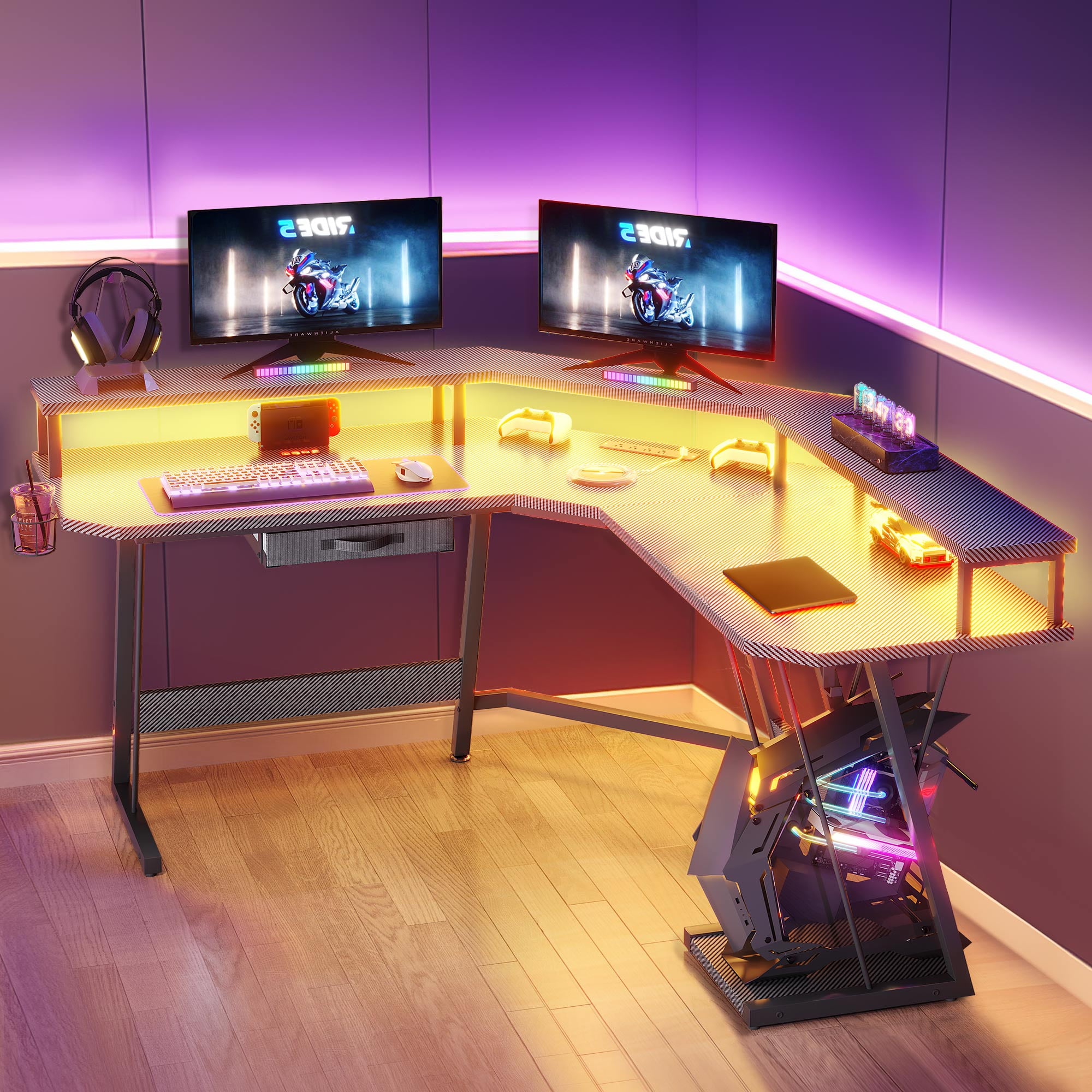 Dextrus LShaped Gaming Desk with Large Monitor Riser Stand, Corner Computer Desk with LED