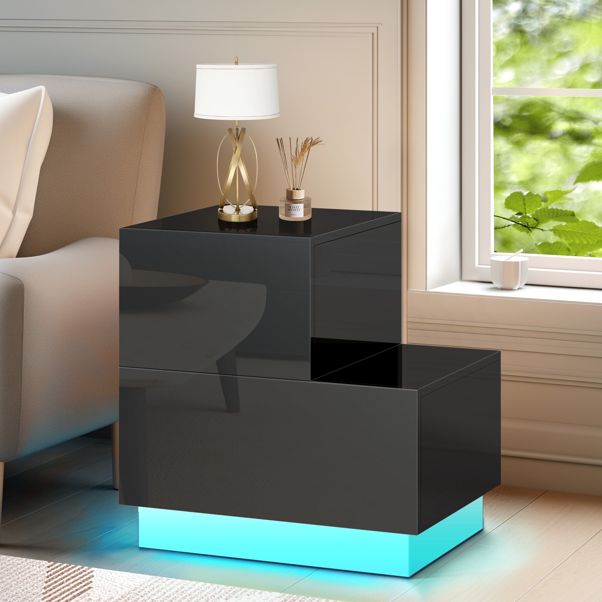 Dextrus L Shaped LED Nightstand Modern Ead Table with 2 Drawers High Gloss Bedside Table Black