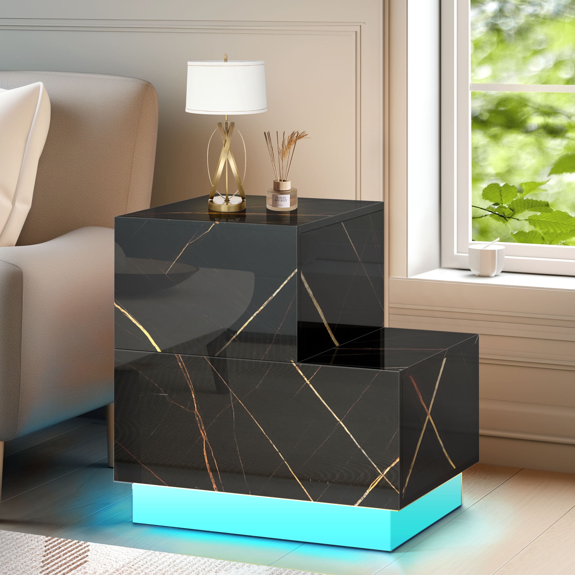 Dextrus L Shaped LED Nightstand EAD Table with 2 Drawers High Gloss Bedside Table Marble Black