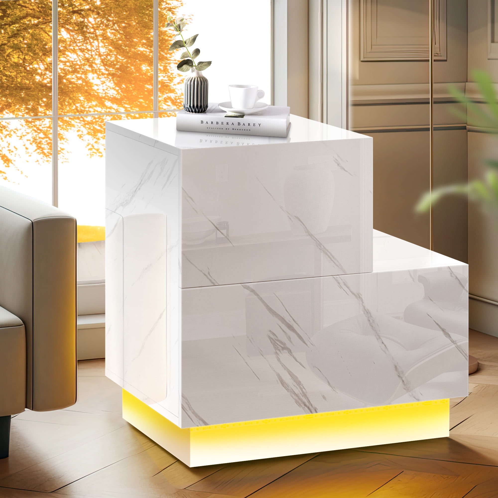 Dextrus L Shaped LED Nightstand EAD Table with 2 Drawers High Gloss Bedside Table Marble White