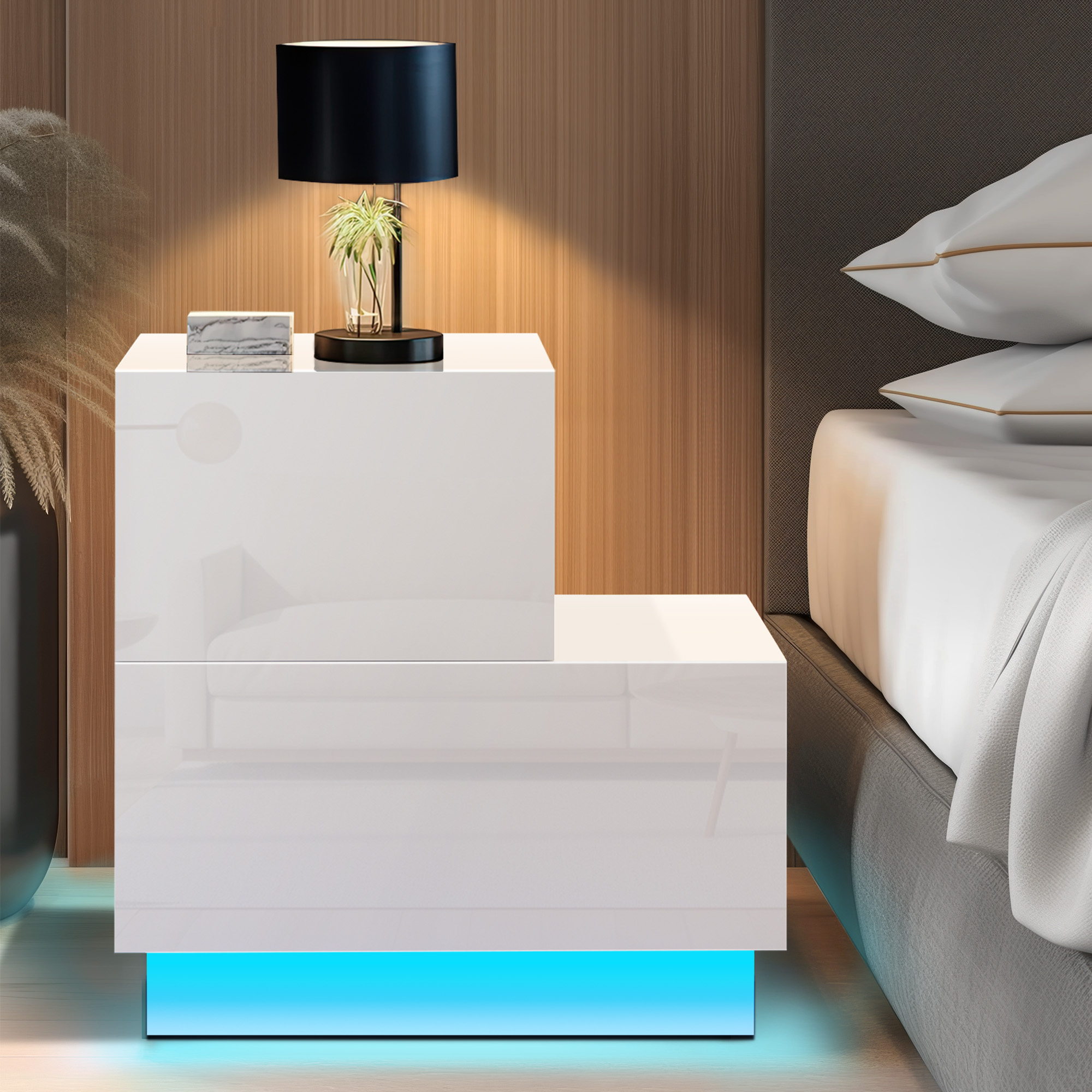 paproos LED Nightstand with 2 High Gloss Drawers, Modern White ...