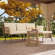 Dextrus L-Shaped Patio Sofa, All-Weather Wicker Boho Patio Conversation Set with Tempered Glass Coffee Table & Cushions, Outdoor Furniture