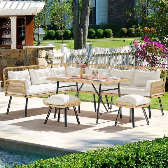 Dextrus L-Shaped Wicker Patio Furniture Set, Outdoor Sectional Sofa with Plastic Wood Table & Ottomans, All Weather Rattan Conversation Set, Light Brown Beige