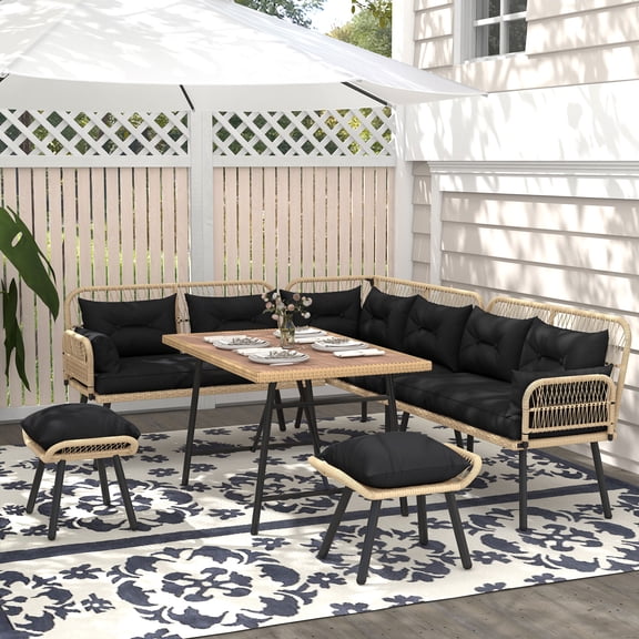 Dextrus L-Shaped Wicker Patio Furniture Set, Outdoor Sectional Sofa with Plastic Wood Table & Ottomans, All Weather Rattan Conversation Set, Light Brown + Black