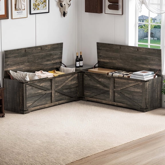 Dextrus L-Shaped Wood Farmhouse Storage Chest, Corner Dining Breakfast Bench with Hidden Storage, Black Oak