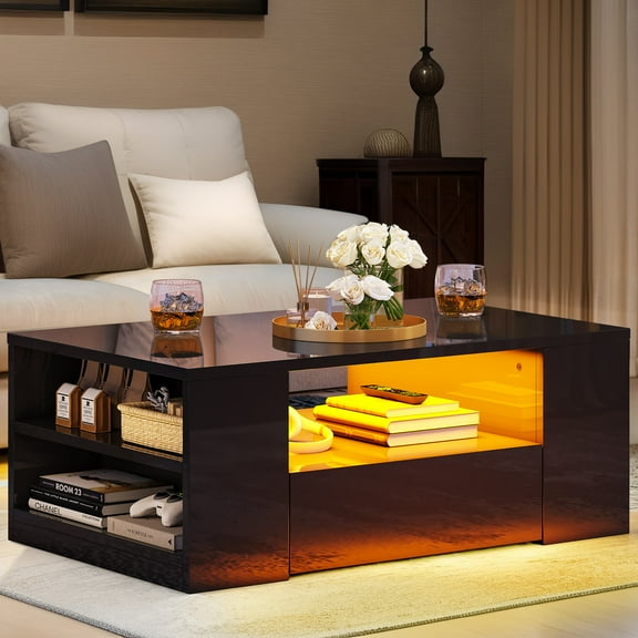 Dextrus LED Coffee Tables High Glossy Center Table with 2 Sliding Drawers and Open Side Shelf, Black