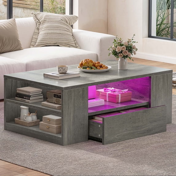 Dextrus LED Coffee Tables High Glossy Center Table with 2 Sliding Drawers and Open Side Shelf, Gray