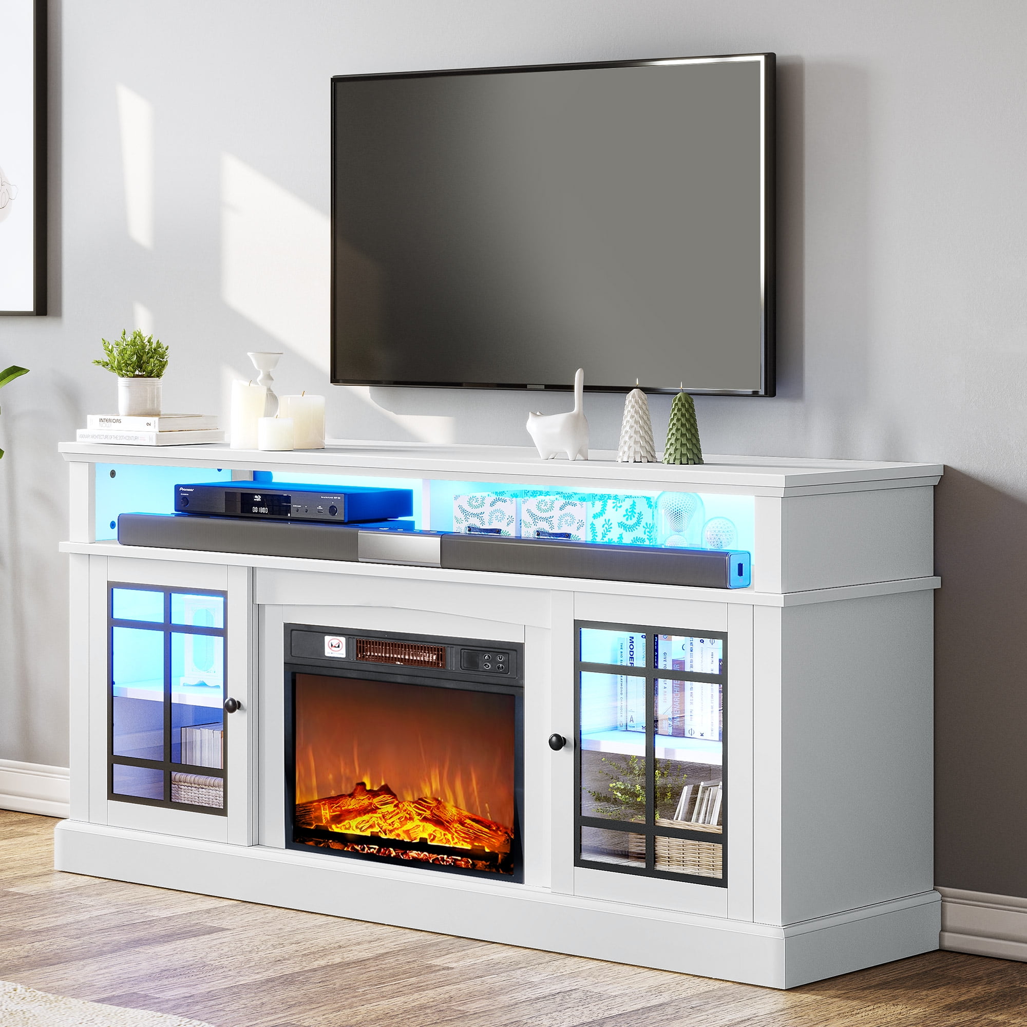 Dextrus LED Fireplace TV Stand for TVs up to 70" w/ Acrylic Glass Door