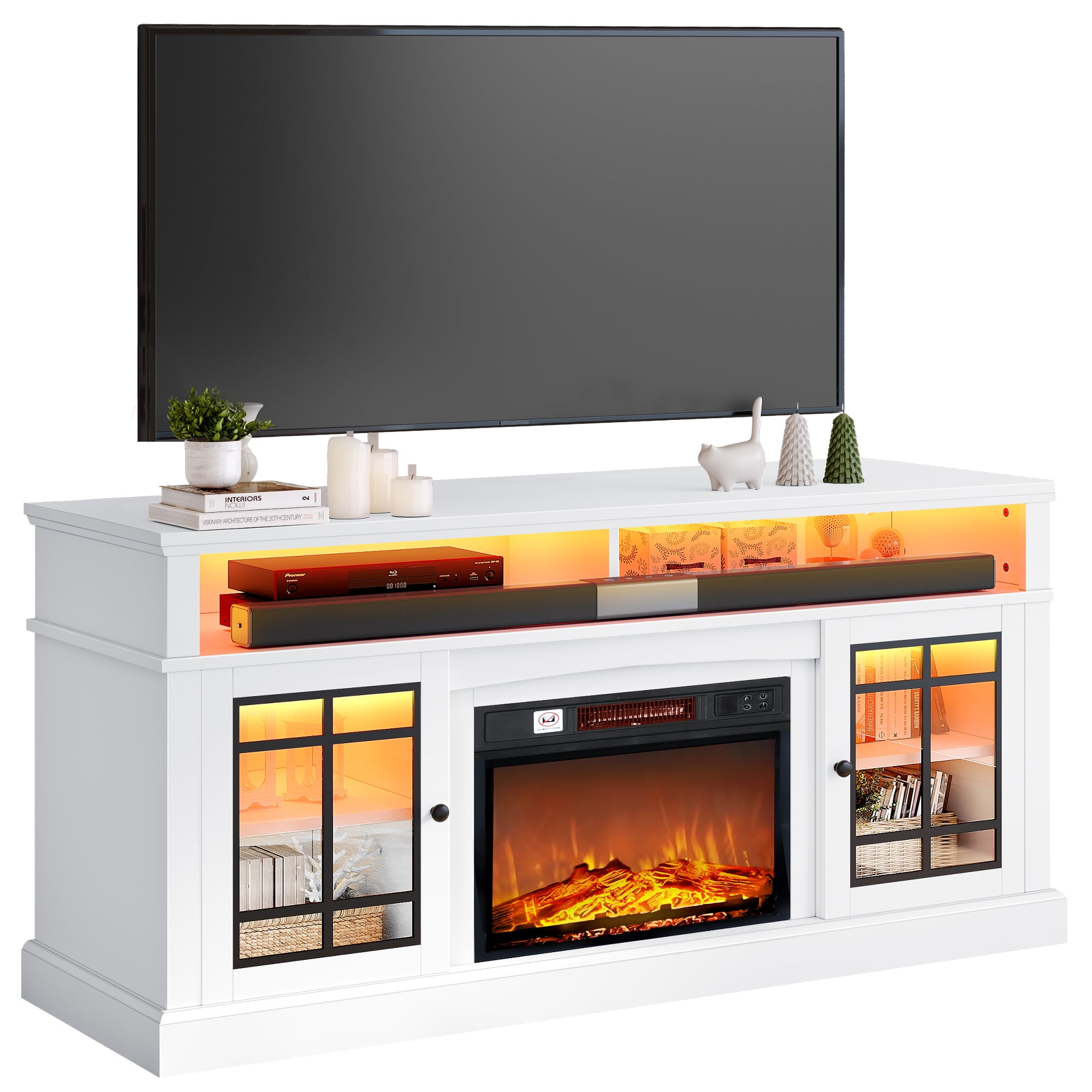 Dextrus LED Fireplace TV Stand w/ Acrylic Glass Door for TVs up to 70
