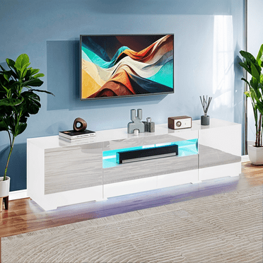 Dextrus LED High Gloss TV Stand  for 55-75 Inch TV, Entertainment Center with Storages, White