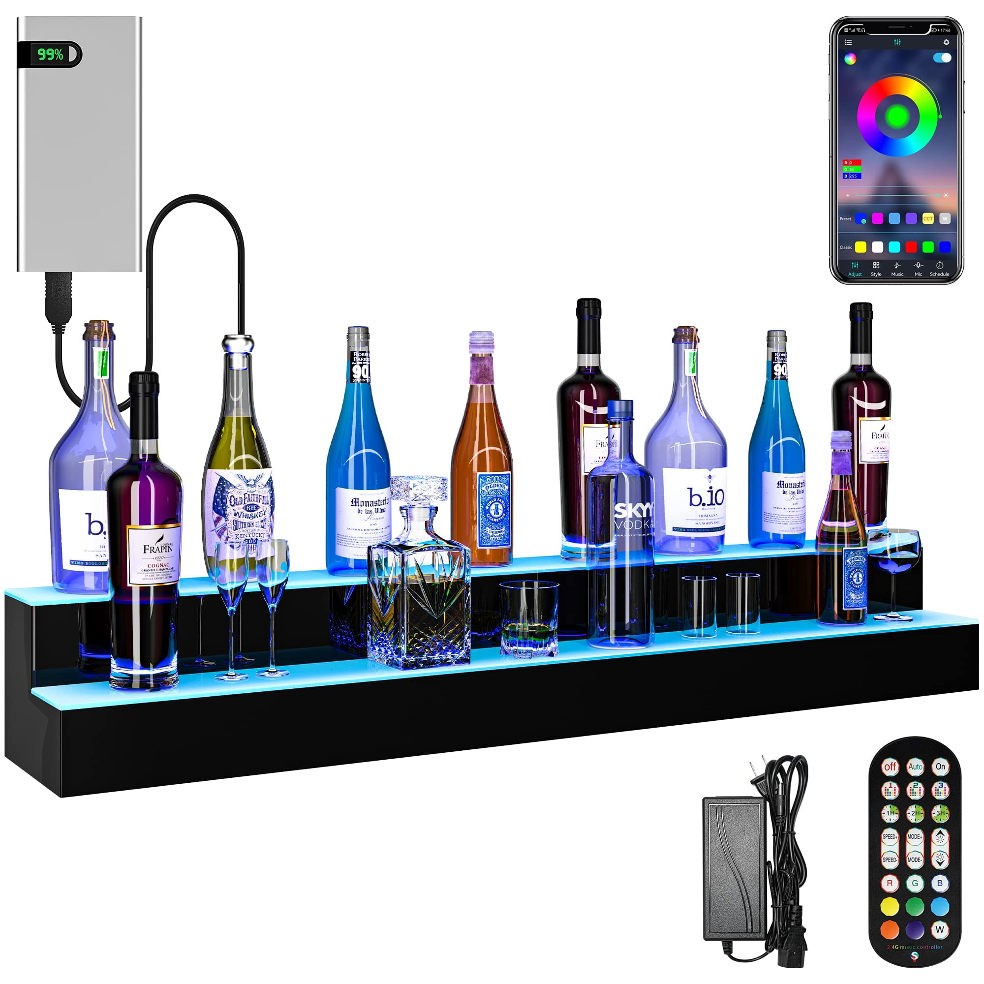 Dextrus LED Lighted Liquor Bottle Display Shelf Supports USB & Power Bank, 2-Step 48-inch Bar Liquor Alcohol Shelf for Home Counter Party, Acrylic Mounted Whiskey Rack Stand with Remote & App Control