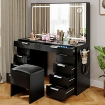 Dextrus LED Lights Mirror Vanity Desk Glass Top Drawers Table Set Black
