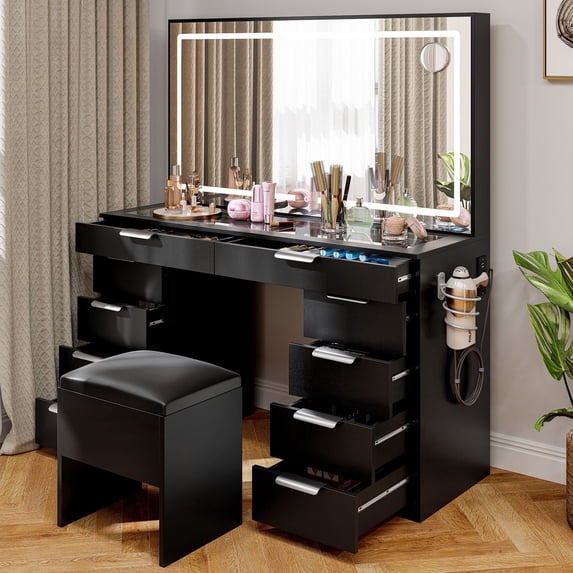 Dextrus LED Lights Mirror Vanity Desk Glass Top Drawers Table Set Black