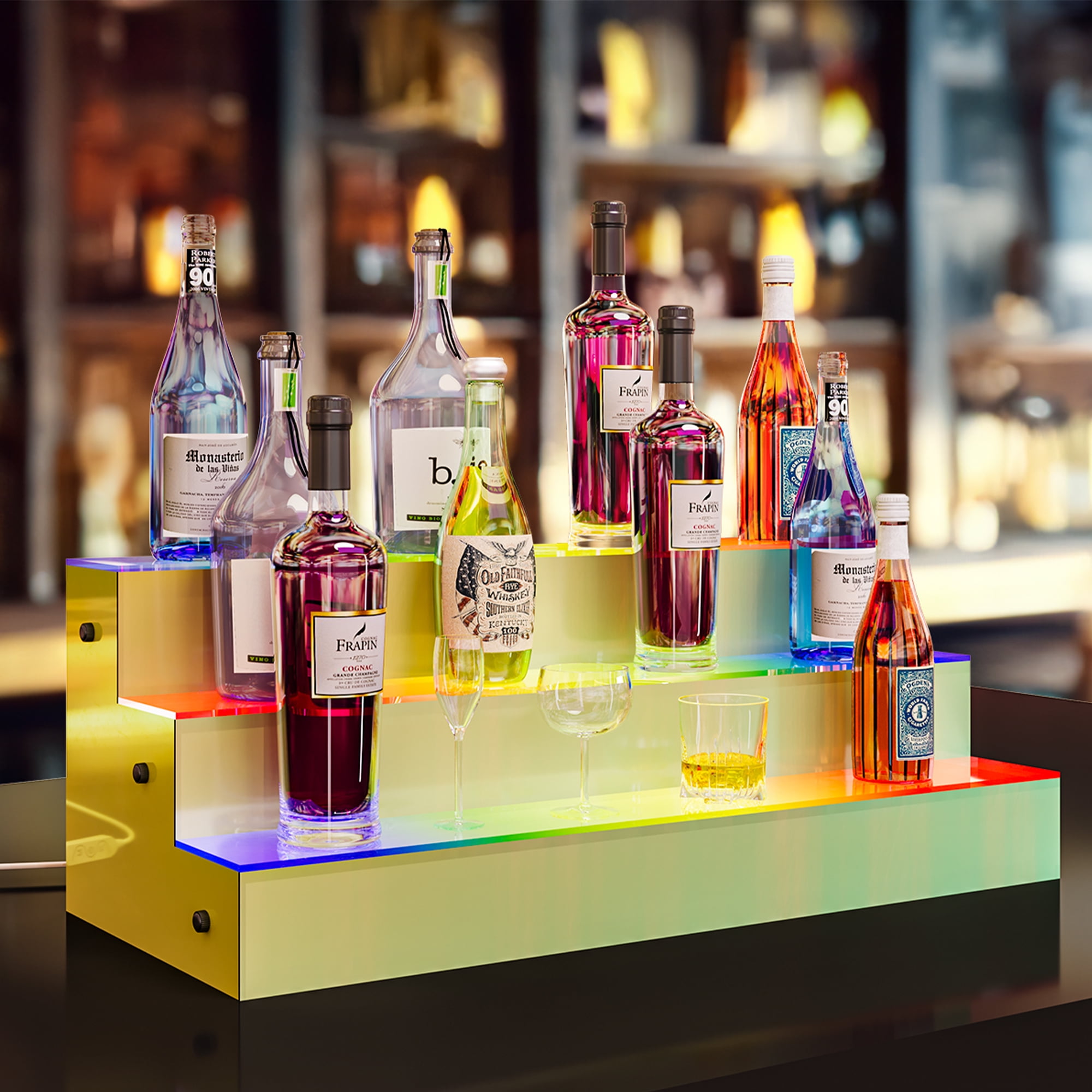 Dextrus Led Liquor Bottle Display Shelf 3 Tier 30 Inch Lighted Bar Shelves Colorful Acrylic 0872