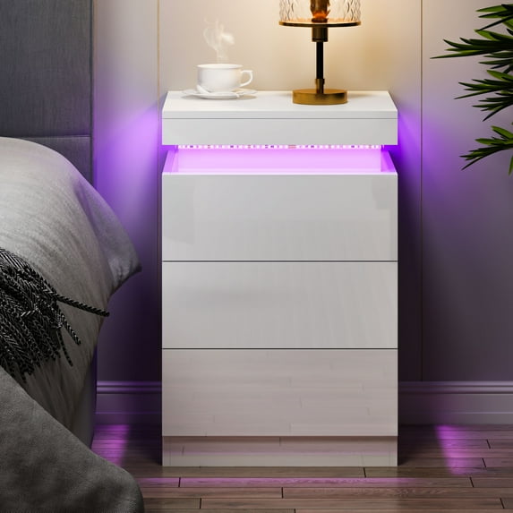 DEXTRUS LED Nightstand with Drawers, Acrylic Bedside Table, High Gloss End Table for Bedroom, White