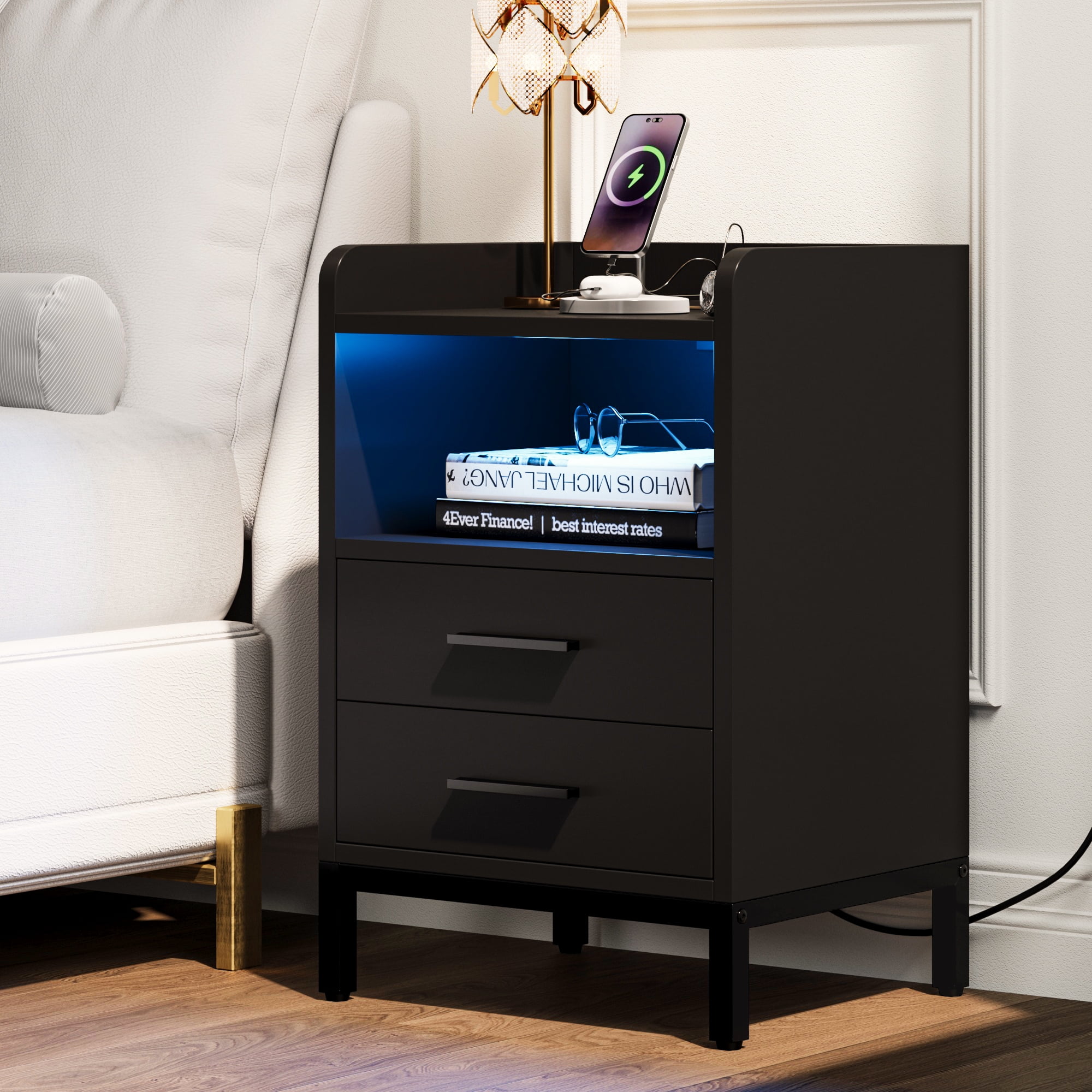 Dextrus LED Nightstand with Charging Station, Modern Bedside End Table with Drawers and Shelf, Black