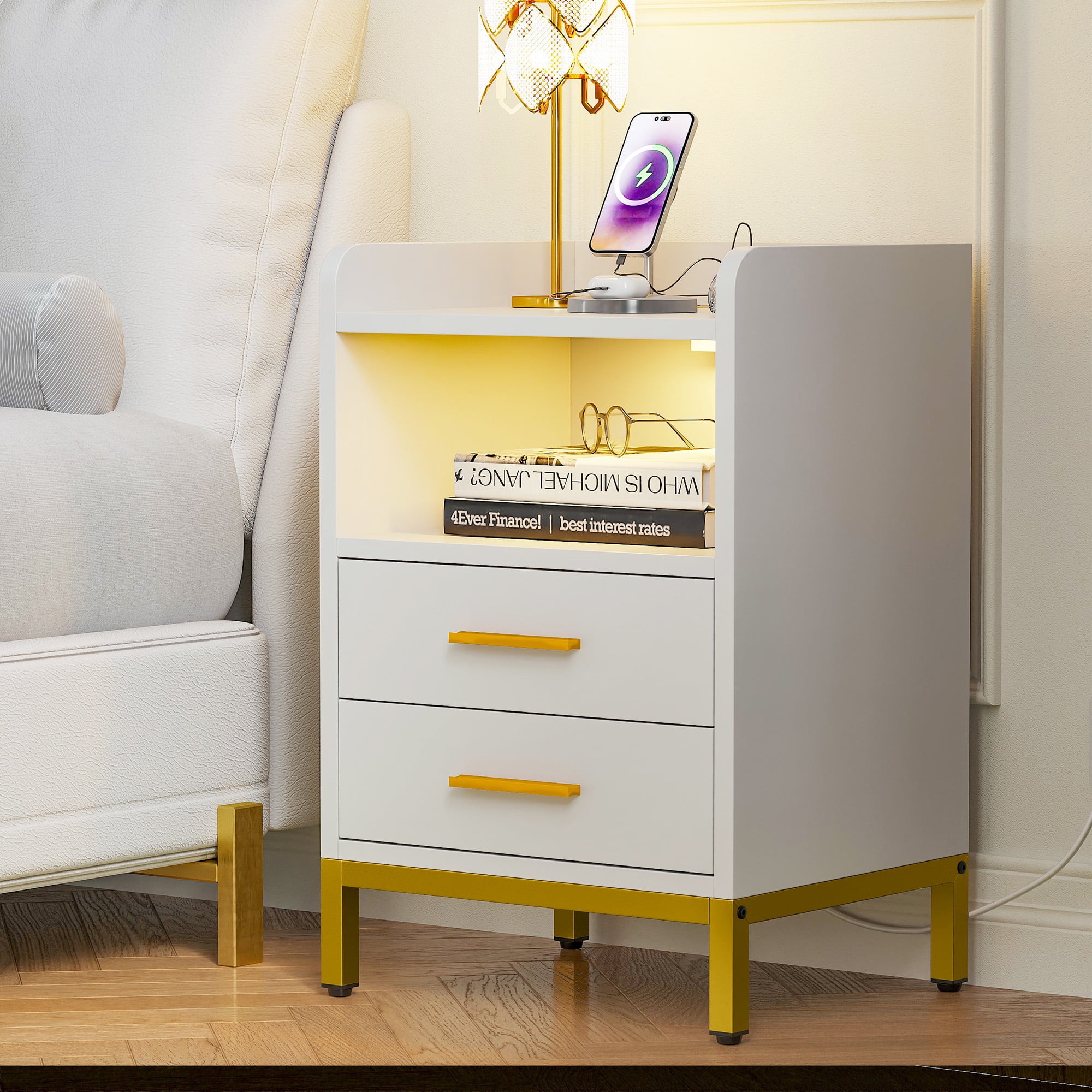 Dextrus LED Nightstand with Charging Station, Modern Bedside End Table with Drawers and Shelf, White