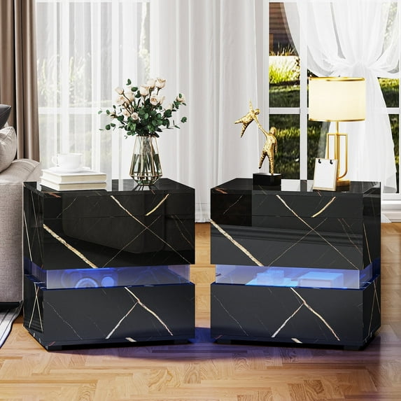 Dextrus LED Nightstands Set of 2, Bedside Table with 3 Drawers, High Gloss Acrylic End Table for Bedroom, Living Room, Marble Black