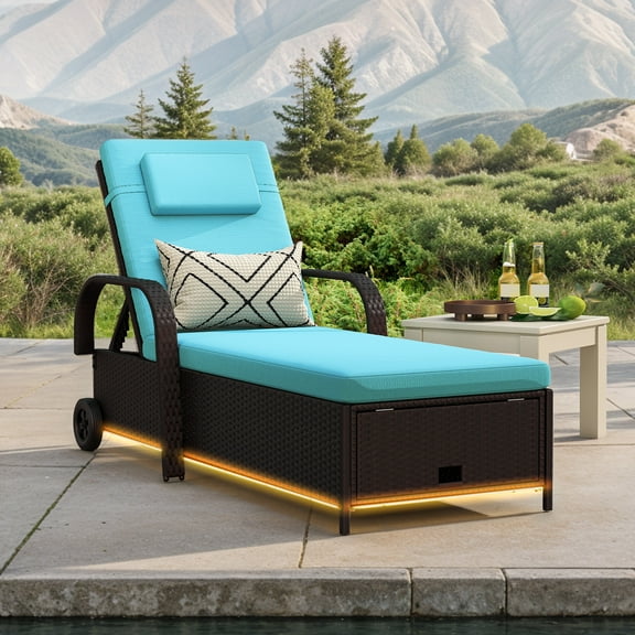 Dextrus LED Outdoor Lounge Chair with 5-Level Recline, Wheels, Storage, Patio Wicker Chaise, Black/Blue