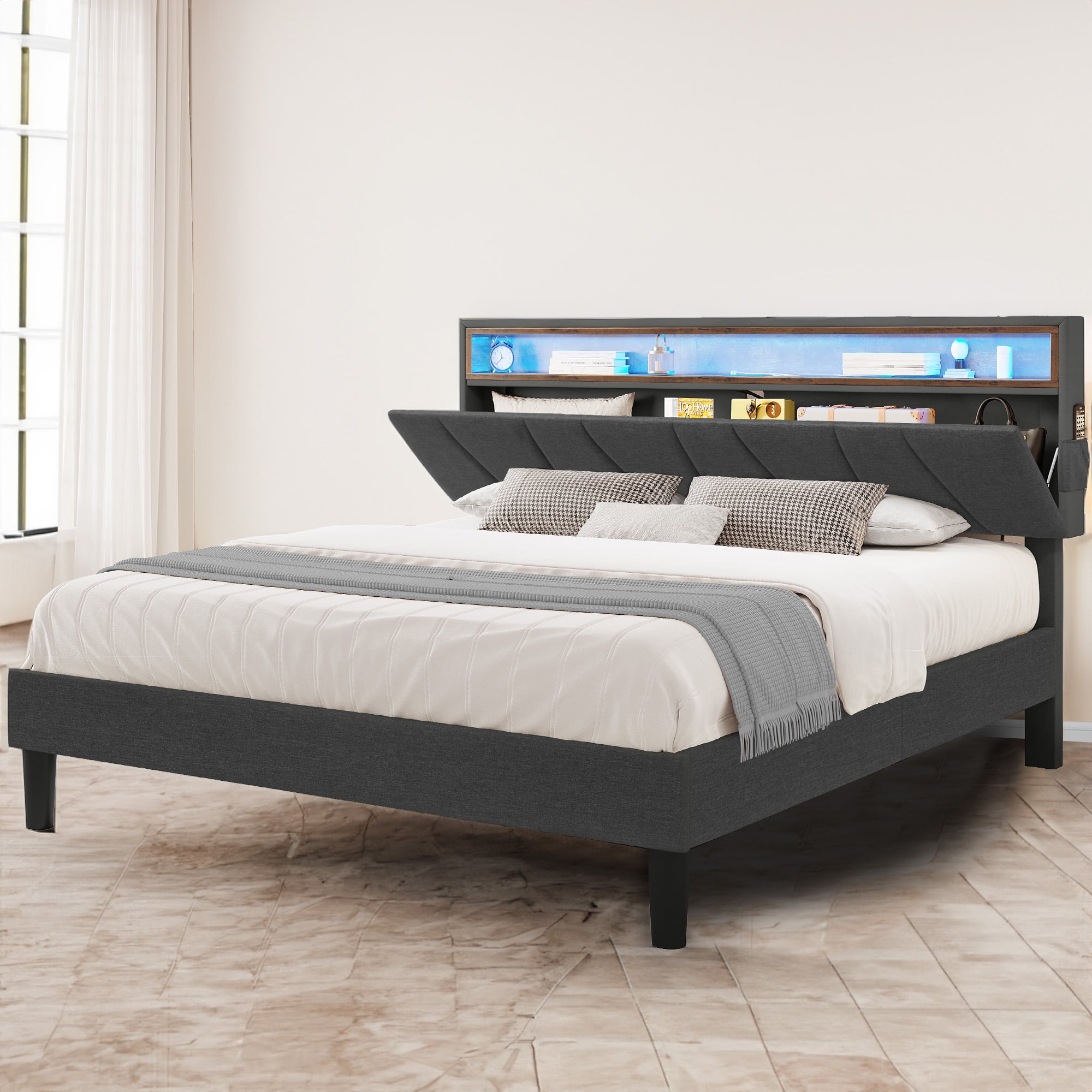 Dextrus LED Queen Size Bed Frame with Storage Headboard, No Box Spring Required,Grey