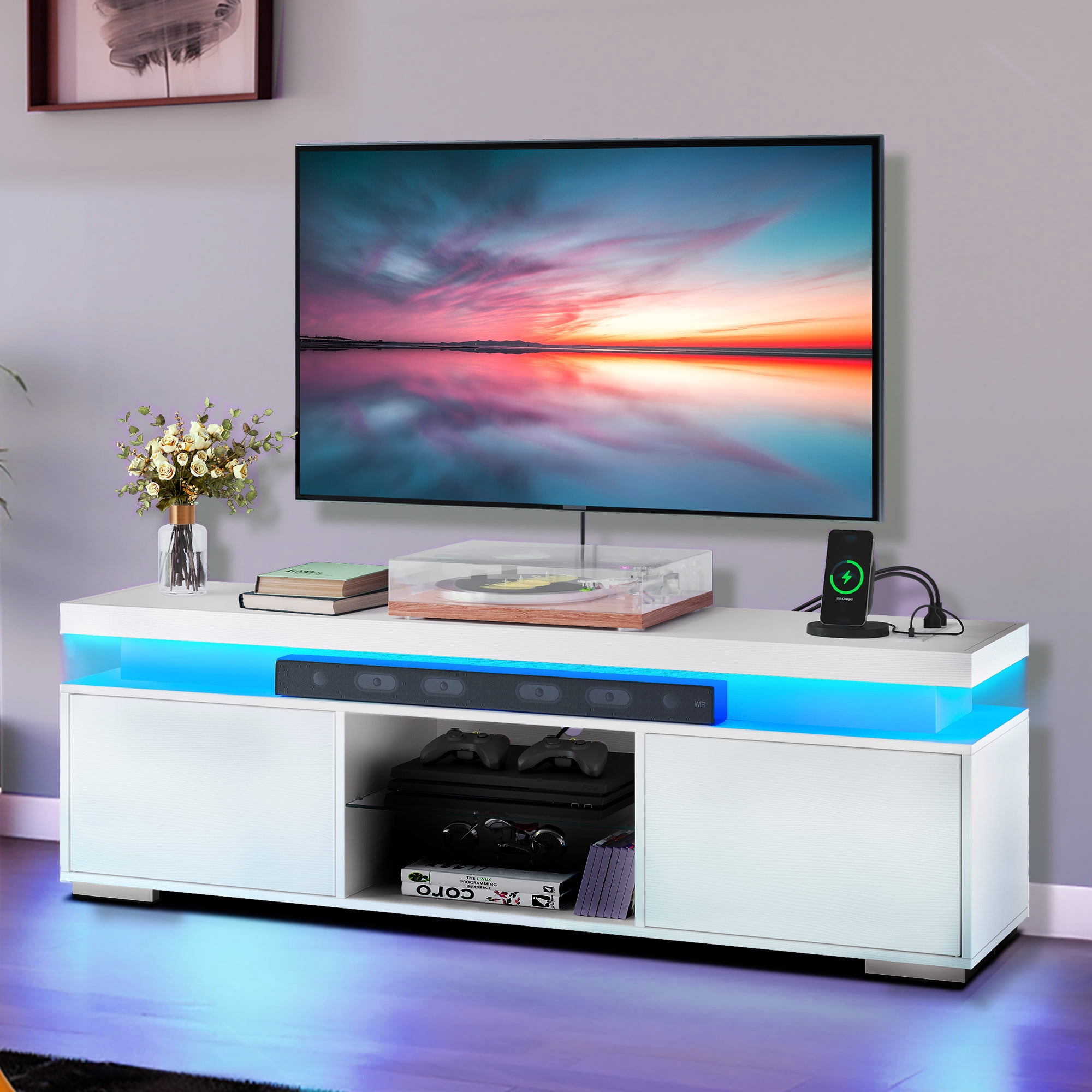 Dextrus LED TV Stand Entertainment Center with Power Outlets for
